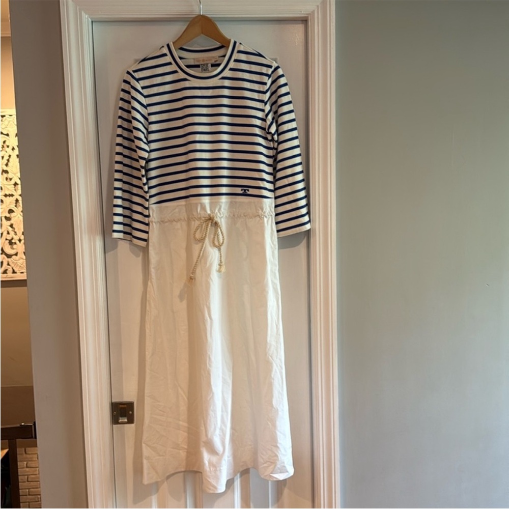 Tory Burch Striped Navy & White Midi Dress with Rope Tie